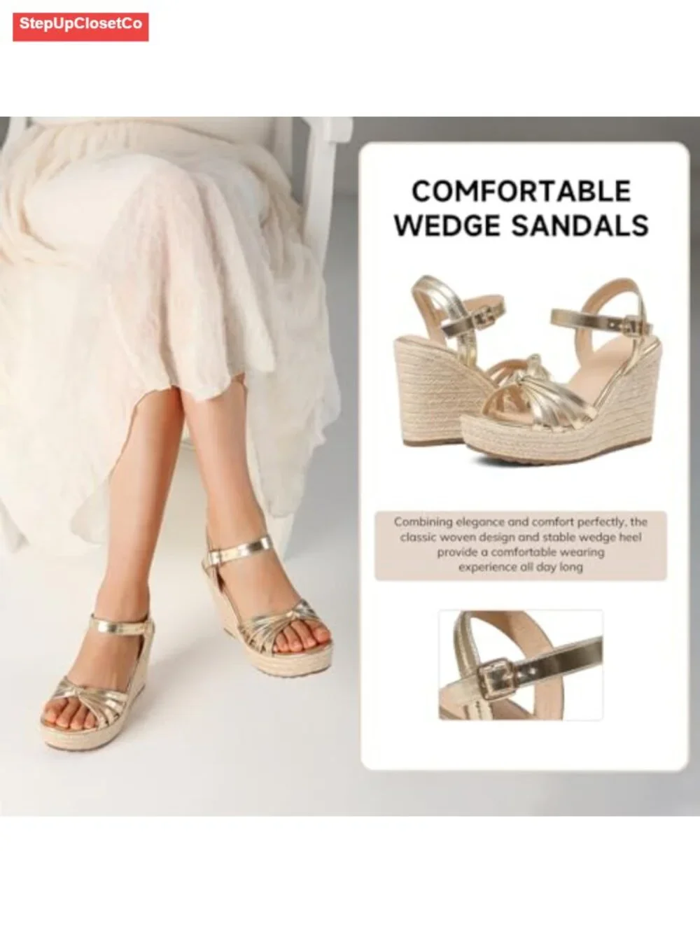 Linen Straw Espadrille Wedge Sandals | Open Toe Platform with Adjustable Buckle